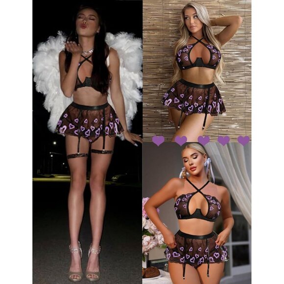 Women Purple Heart Garter Lingerie Set with Underwire 3 Piece Lace High - Picture 3 of 6